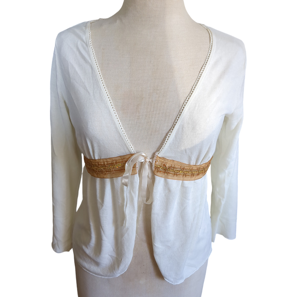 Large New Towner cream sequin tie waist women's blouse #20